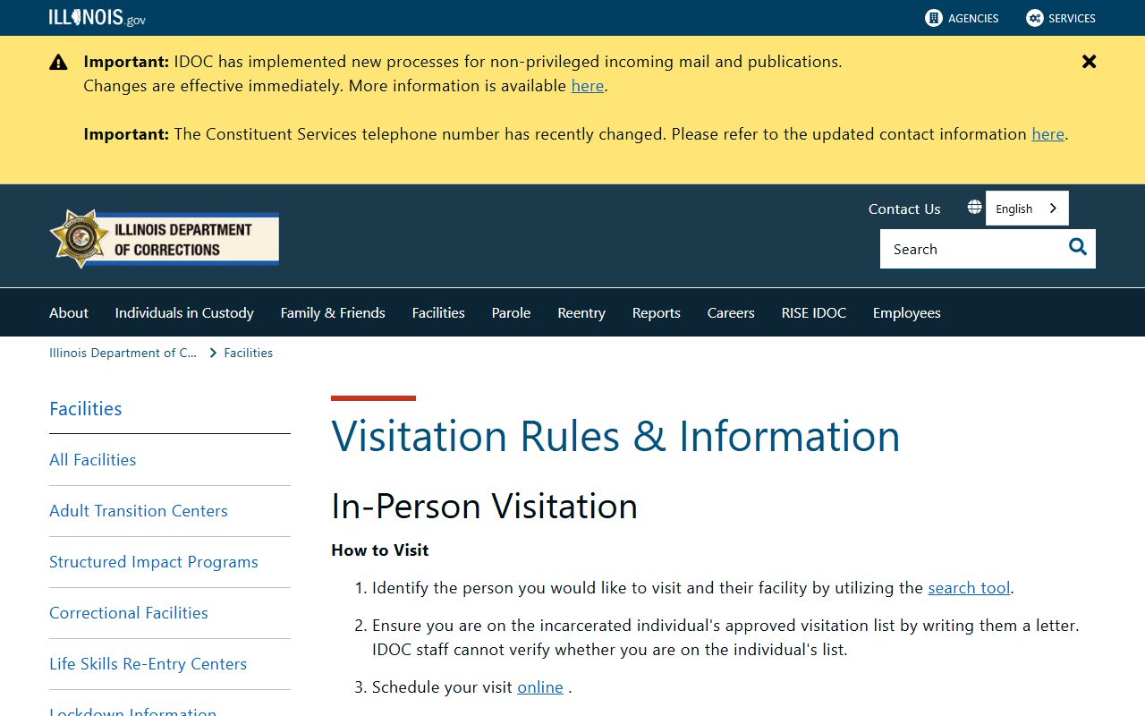IDOC visitation rules page for Sheridan Correctional Center inmate visits