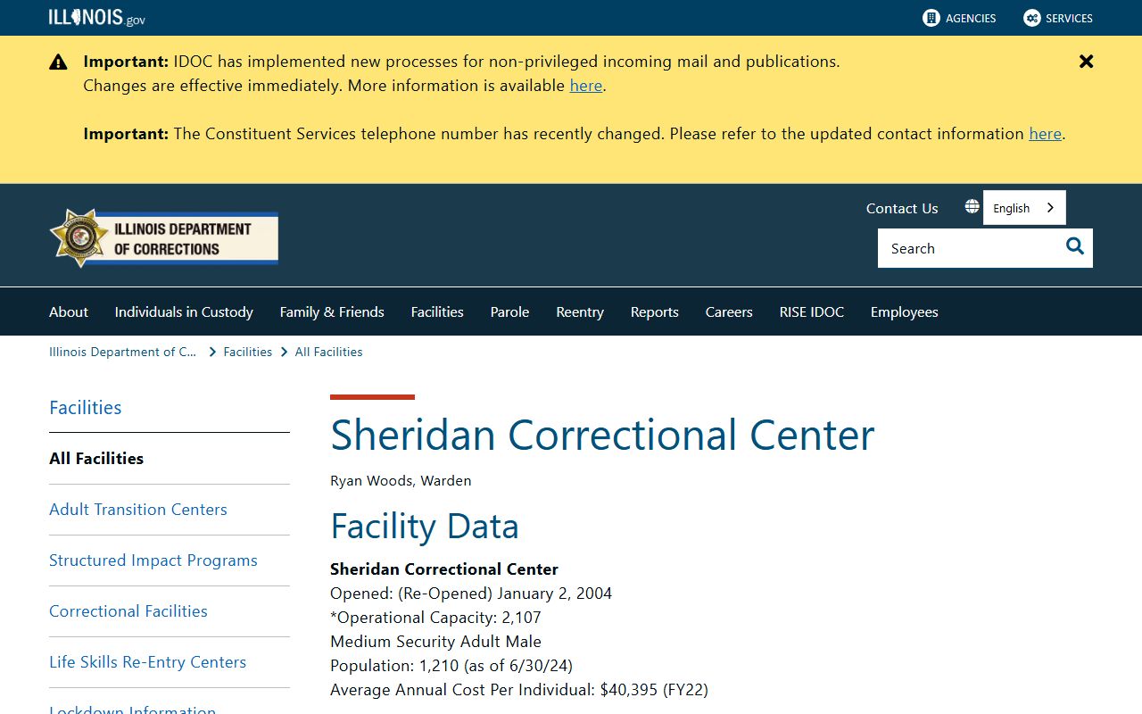 Sheridan Correctional Center IDOC facility page for the state prison inmate population